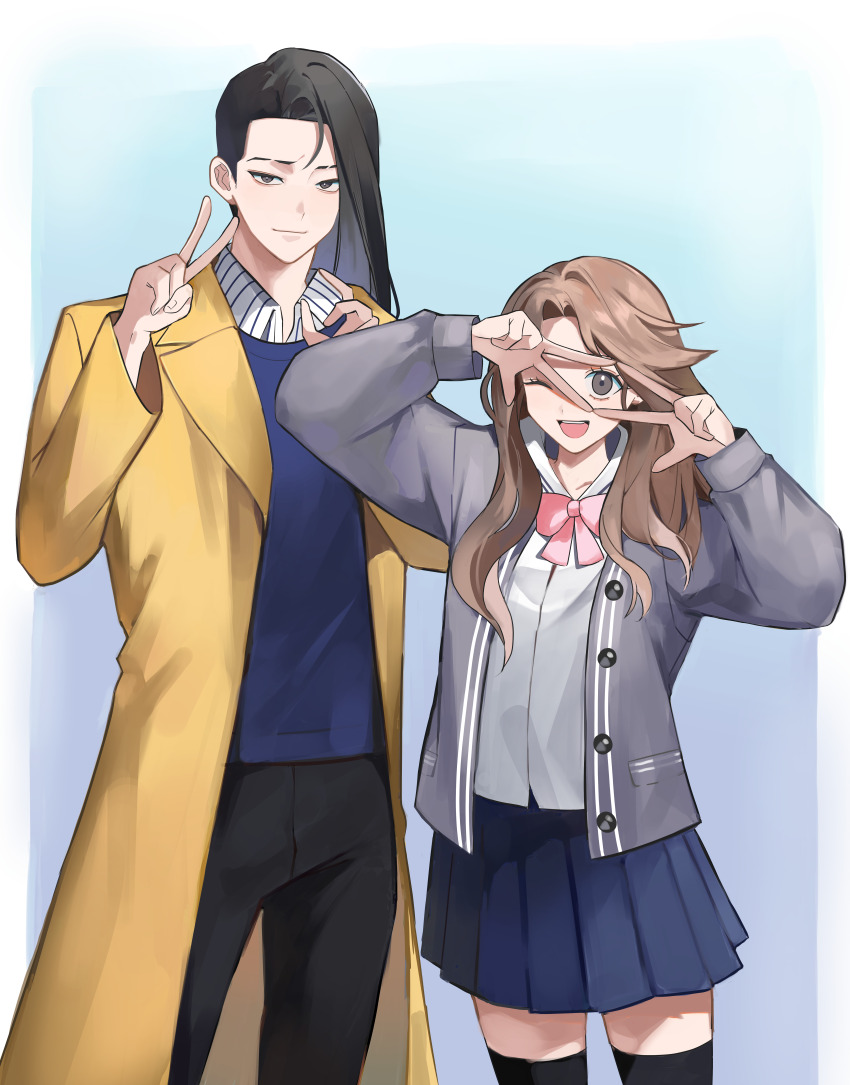 1boy 1girl absurdres black_hair black_pants black_thighhighs blue_shirt bow brown_eyes brown_hair coat grey_jacket highres jacket kasuga_kaya long_hair looking_at_viewer lookism pants pink_bow shirt simple_background skirt standing thighhighs v vivi_(lookism) white_shirt xiaolong_(lookism) yellow_coat zettai_ryouiki