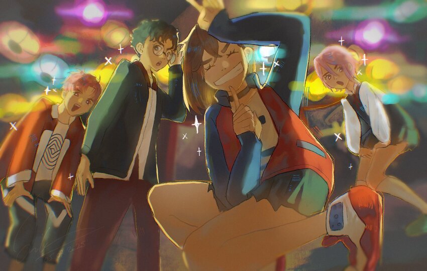 2boys 2girls adjusting_eyewear arm_up ayase_momo bare_legs black_hair brown_hair brown_pants commentary dandadan english_commentary enjoji_jin facing_viewer feet_out_of_frame glasses grin highres index_finger_raised jacket legs long_sleeves looking_at_viewer melia_art miniskirt multiple_boys multiple_girls open_clothes open_jacket open_mouth pants pink_hair red_hair red_jacket round_eyewear shiratori_aira_(dandadan) shirt short_hair skirt smile sparkle squatting standing takakura_ken_(dandadan) white_shirt