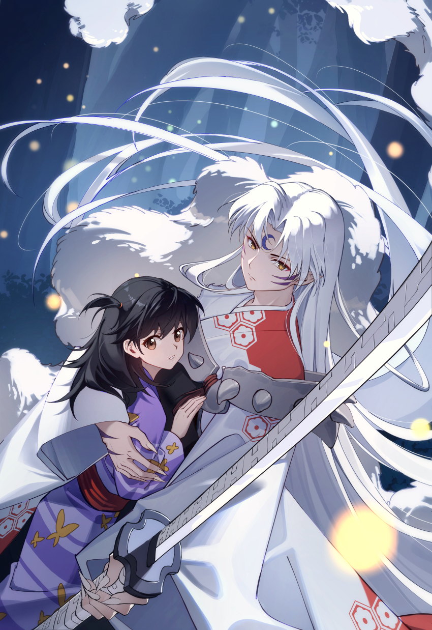 1boy 1girl absurdly_long_hair absurdres animal_print bishounen black_hair blurry brown_eyes butterfly_print butterfly_print_kimono closed_mouth crescent crescent_facial_mark curtained_hair depth_of_field facial_mark fingernails fireflies forehead_mark foreshortening forest fur_shawl furisode hand_on_another&#039;s_back hand_on_another&#039;s_chest hand_up height_difference hetero highres higurashi_kagome holding holding_sword holding_weapon inuyasha japanese_clothes kimono ko_aki light_particles long_fingernails long_hair looking_to_the_side middle_part nature night one-armed_hug one_side_up outdoors parted_hair parted_lips purple_kimono red_sash sash serious sesshoumaru shawl striped_clothes striped_kimono swept_bangs sword vertical-striped_clothes vertical-striped_kimono very_long_hair weapon white_kimono white_nails wind
