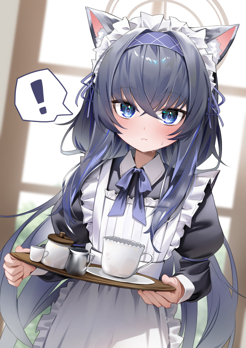 1girl absurdres alternate_costume animal_ear_fluff animal_ears apron black_dress black_hair blue_archive blush cat_ears cat_girl closed_mouth crossed_bangs dress hair_between_eyes hairband highres long_hair maid maid_apron maid_headdress purple_hairband purple_ribbon ribbon shuvi_(shuvi1125) sidelocks solo sweat ui_(blue_archive)