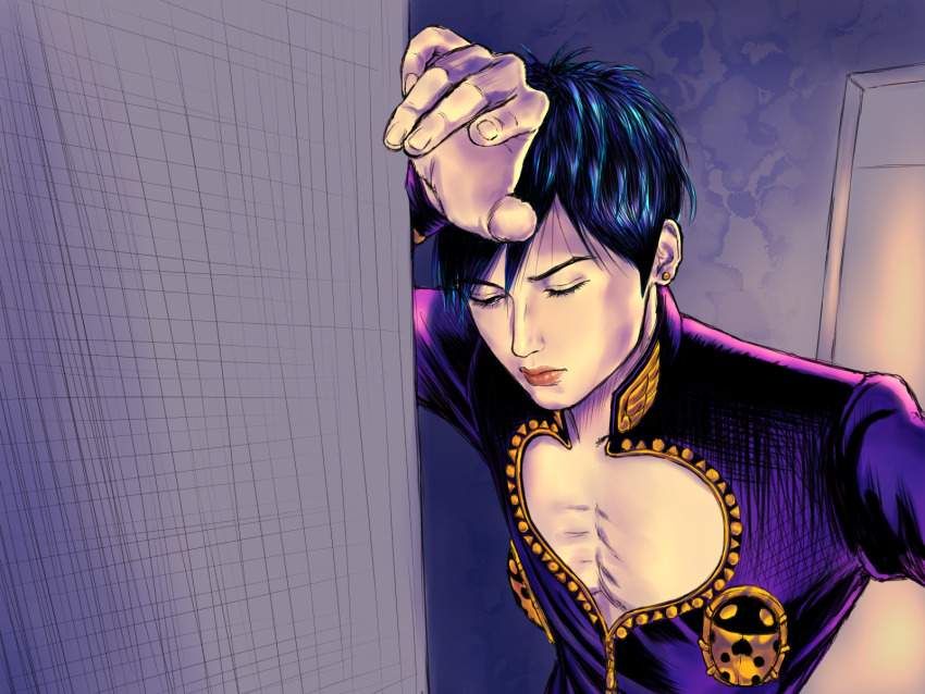 1boy against_wall black_hair bowl_cut closed_eyes giorno_giovanna haruno_shiobana highres jojo_no_kimyou_na_bouken keiimajima02 ladybug_ornament male_focus pectoral_cleavage pectorals solo vento_aureo wing_ornament