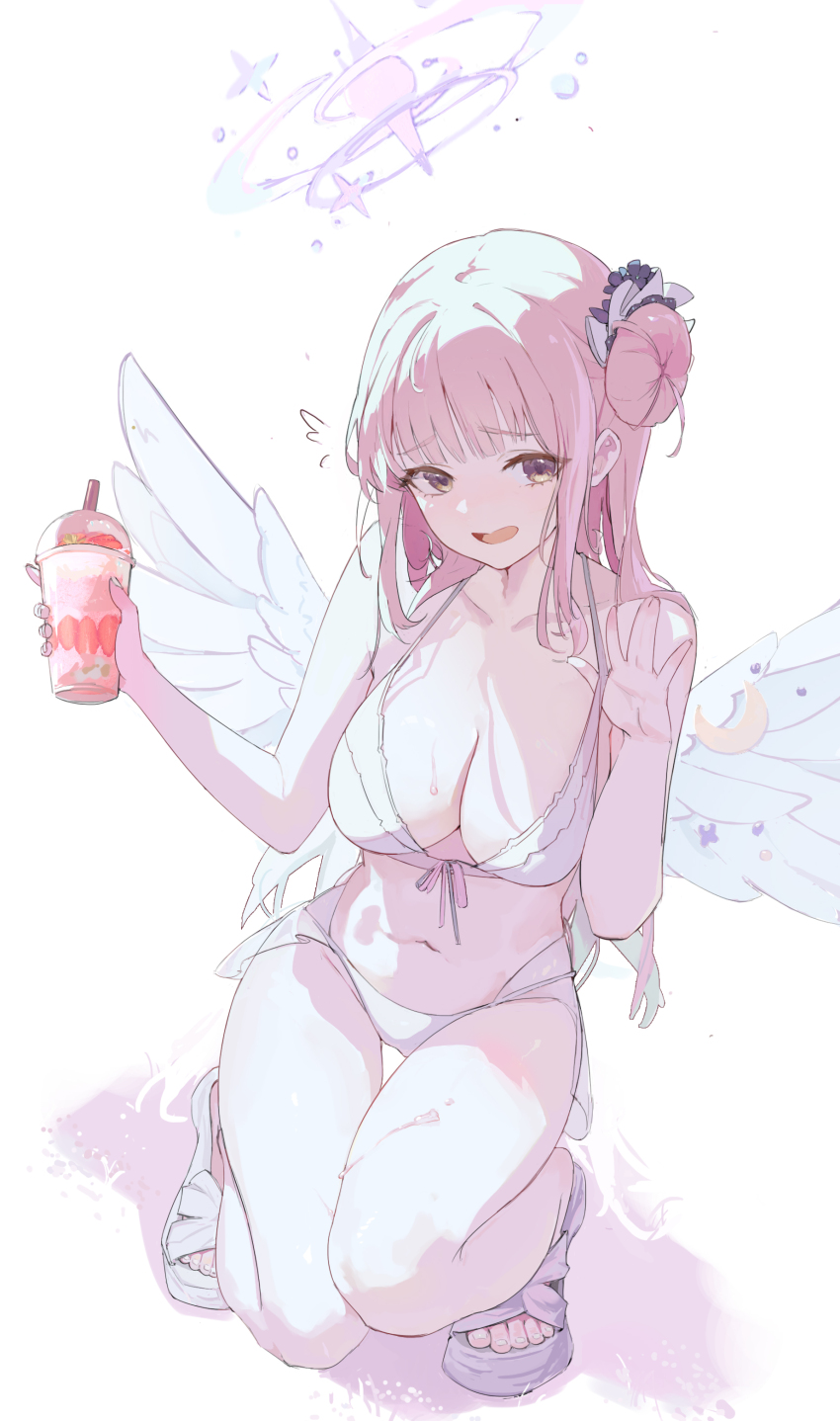 1girl absurdres alternate_costume bare_arms bare_shoulders bikini blue_archive blush breasts cleavage drink feathered_wings flower hair_bun hair_ornament hair_scrunchie halo highres holding holding_drink large_breasts looking_at_viewer mika_(blue_archive) navel open_mouth pink_hair pink_halo purple_flower purple_sandals sandals scrunchie single_side_bun solo squatting stomach swimsuit white_bikini white_scrunchie wings wturnip yellow_eyes