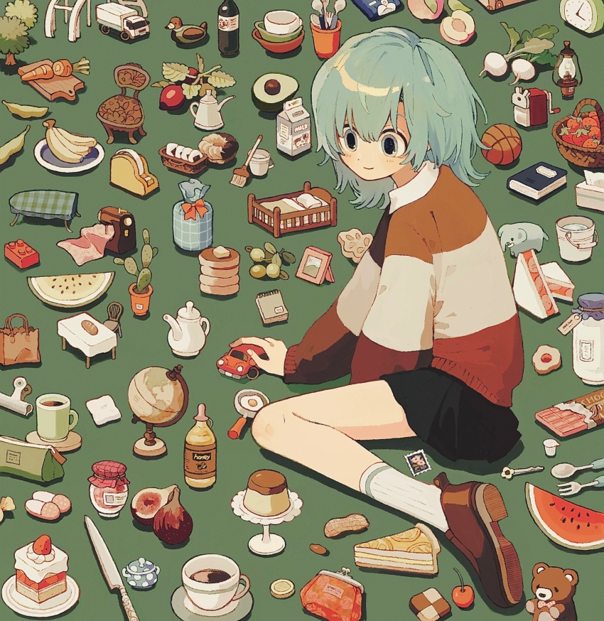 1girl apple avocado ball banana basket basketball_(object) beans black_skirt blue_eyes blue_hair book bottle brown_footwear bucket cactus cake cake_slice candy carrot chair cherry chocolate chocolate_bar clock closed_mouth coffee coffee_mug coin cup cutting_board donut dot_nose egg_(food) elephant fava_bean fig fingernails flower food fork fried_egg fruit globe green_background highres ironing_board jar ka_(996beshi) knife lego_brick long_sleeves melon mop mug olive original pacifier pancake peanut pencil_case plant pleated_skirt postage_stamp potted_plant pudding redrawn sandwich sewing_machine shoes short_hair simple_background sitting skirt slippers smile socks solo spoon strawberry stuffed_animal stuffed_toy sweater sweets table tape teddy_bear tissue_box toy_car toy_truck tray tree turnip wariza watering_can watermelon white_socks wine_bottle