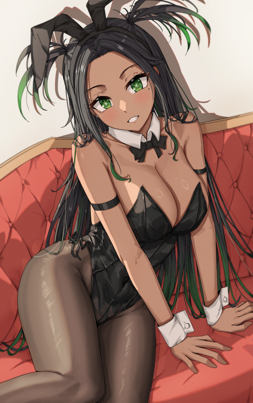 1girl absurdres animal_ear_hairband animal_ears black_bow black_bowtie black_hair black_leotard black_pantyhose bow bowtie breasts cleavage commission cowboy_shot dark-skinned_female dark_skin detached_collar fake_animal_ears green_eyes hairband highres large_breasts leotard mimma_ring_(nobuyueli) original pantyhose parted_lips pixiv_commission playboy_bunny rabbit_ears smile solo strapless strapless_leotard two_side_up wrist_cuffs