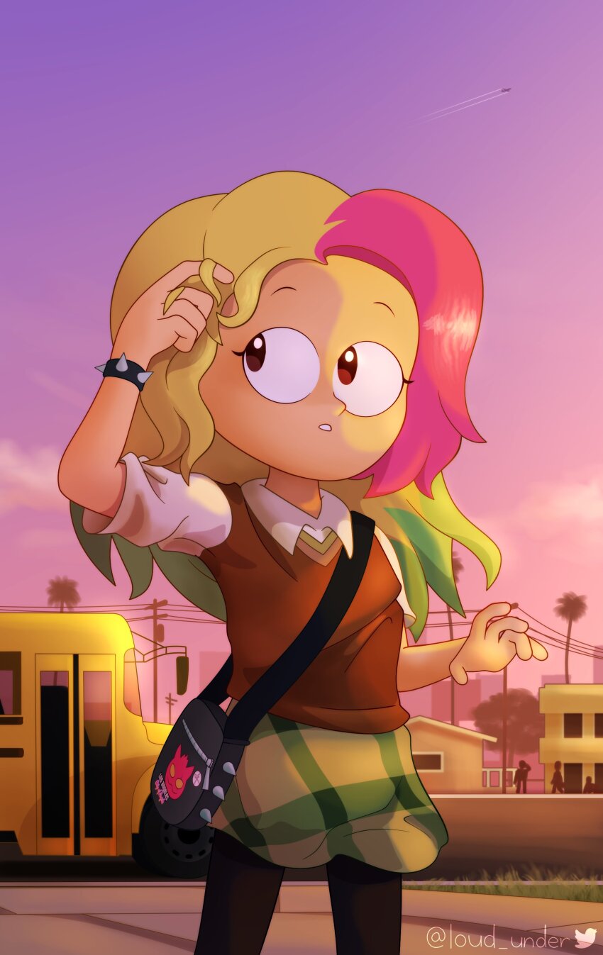 1girl absurdres amphibia bag blonde_hair bracelet brown_eyes bus collared_shirt cowboy_shot green_hair green_skirt hand_on_own_head highres jewelry long_hair looking_afar loud_under molly_jo motor_vehicle multicolored_hair outdoors pantyhose parted_lips pink_hair shirt shoulder_bag skirt sky solo spiked_bracelet spikes standing sweater_vest teeth twitter_username