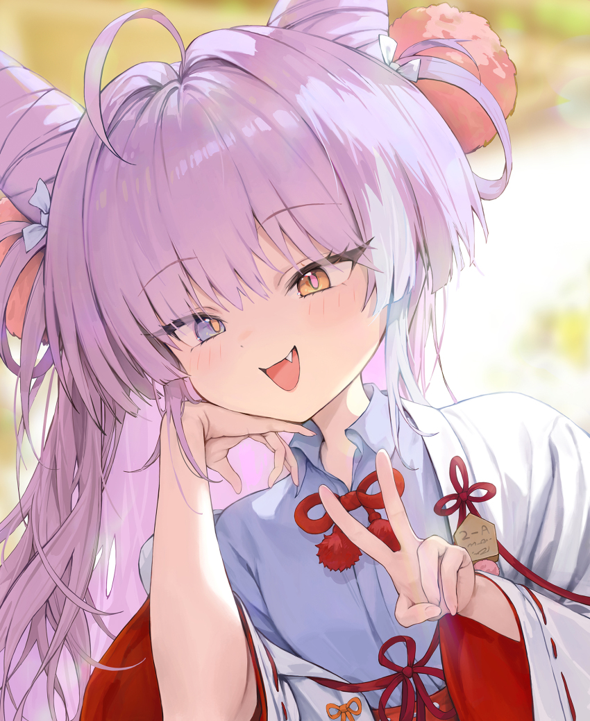 1girl ahoge blue_eyes blue_shirt bow bowtie collared_shirt commentary cone_hair_bun double_bun dutch_angle fang hair_bun hair_ornament hair_rings hand_on_own_cheek hand_on_own_face hands_up heterochromia highres japanese_clothes kosode long_hair long_sleeves miko open_mouth pink_pupils pom_pom_(clothes) pom_pom_hair_ornament purple_hair red_bow red_bowtie shirt smile stellive tenko_shibuki upper_body v virtual_youtuber wide_sleeves wing_collar wispy_bangs yangsongihand yellow_eyes yellow_pupils
