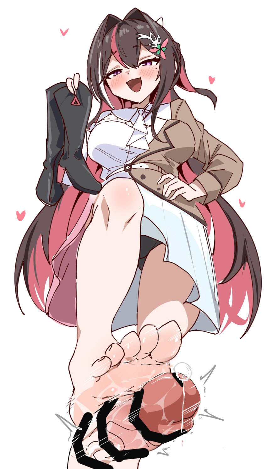 1girl azki_(hololive) barefoot blush boots breasts brown_hair feet footjob fumitonkatsu hand_on_own_hip highres holding holding_shoes holding_unworn_clothes hololive large_breasts long_hair looking_at_viewer mole mole_under_eye multicolored_hair open_mouth panties pantyshot precum purple_eyes red_hair shoes soles streaked_hair toes two-tone_hair underwear unworn_boots unworn_shoes upskirt virtual_youtuber