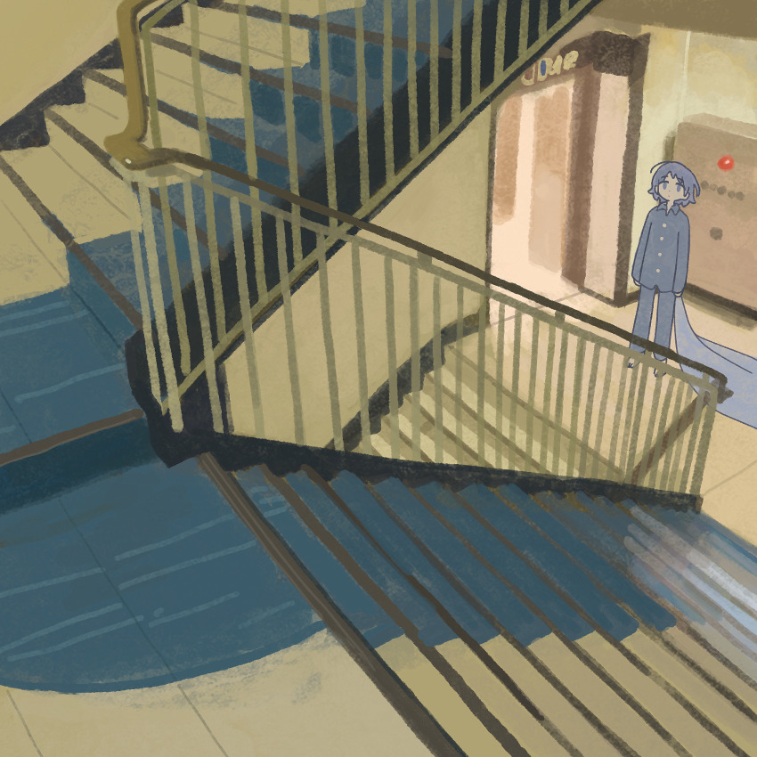 1girl arms_at_sides barefoot blanket blue_hair blue_pajamas doorway expressionless handrail highres holding holding_blanket indoors muji_(uimss) original pajamas short_hair solo stairs stairwell standing wide_shot