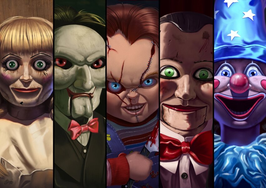 1girl 4boys annabelle_(annabelle) annabelle_(movie) billy_the_puppet black_hair blonde_hair blood blood_on_face blue_eyes blue_hat blush bow bowtie brown_hair child&#039;s_play chucky closed_mouth clown clown_doll_(poltergeist) clown_nose colored_eyelashes commentary copyright_request crown_hat doll english_commentary evil_smile facepaint goosebumps_(series) green_eyes hat highres holding holding_knife knife multiple_boys open_mouth poltergeist_(movie) puppet red_bow red_bowtie red_eyes red_hair red_lips saw_(movie) slappy smile stitched_face stitches xexumedina