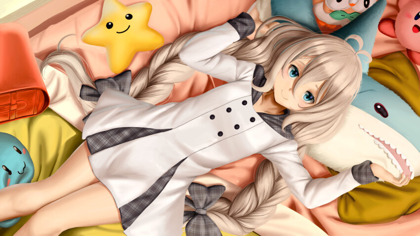 1girl antenna_hair backpack bag bare_legs blue_eyes bow braid closed_mouth collarbone commission dkoro dress feet_out_of_frame female_focus gen_7_pokemon grey_hair hair_bow kirby kirby_(series) kokkoro_(princess_connect!) kokkoro_(real)_(princess_connect!) long_hair looking_at_viewer lying nintendo on_back paid_reward_available plaid_bow plaid_clothes plaid_skirt pokemon pokemon_(creature) princess_connect! randoseru rowlet skirt smile star_(symbol) stuffed_animal stuffed_shark stuffed_toy twin_braids very_long_hair white_dress