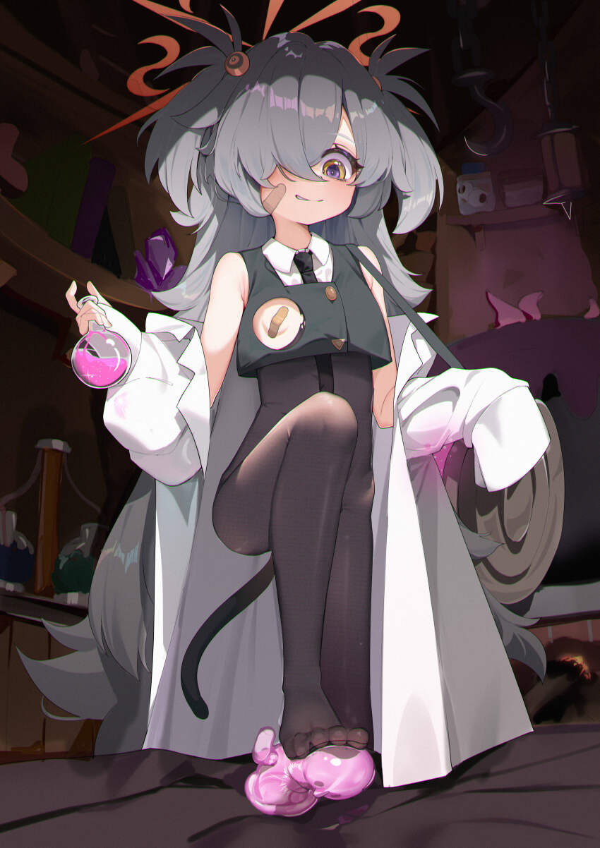 1girl absurdly_long_hair absurdres adapted_costume alternate_costume armpit_crease bandaid bandaid_on_cheek bandaid_on_face bandaids_on_nipples bare_shoulders black_eyes black_necktie black_pantyhose blue_archive blush bookshelf bright_pupils cat_tail cauldron chinese_commentary clothing_cutout coat collared_shirt commentary_request covered_erect_nipples downturned_eyes eyeball_hair_ornament eyelashes fake_tail feet film_grain flask flat_chest foot_out_of_frame glint grey_hair grin hair_between_eyes hair_ornament hair_over_one_eye halo hand_up hands_up haniwa_(statue) high-waist_pantyhose highres holding holding_flask hook indoors kanoe_(blue_archive) knee_up lab_coat leg_up loli long_bangs long_hair long_sleeves looking_down marshal_(artist) multicolored_eyes necktie no_bra no_pants no_shoes off_shoulder one_eye_covered open_clothes open_coat orange_halo pantyhose parted_lips pasties pink_liquid round-bottom_flask sexually_suggestive shirt simulated_footjob sleeves_past_fingers sleeves_past_wrists smile solo spiked_hair standing tail tareme thighs toes two-tone_eyes two_side_up very_long_hair white_coat white_pupils white_shirt yellow_eyes