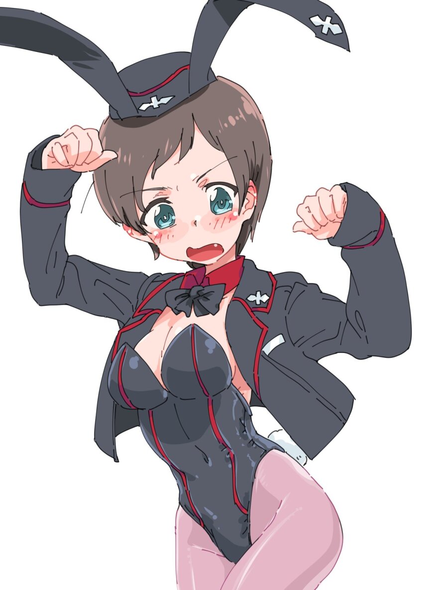 1girl animal_ears black_bow black_bowtie black_leotard blue_eyes blush bow bowtie breasts brown_hair cleavage covered_navel embarrassed fake_animal_ears fake_tail girls_und_panzer highres kojima_emi kuromorimine_military_uniform large_breasts leotard looking_at_viewer military_uniform monolith_(suibou_souko) open_mouth pantyhose paw_pose playboy_bunny purple_pantyhose rabbit_ears rabbit_tail short_hair solo tail