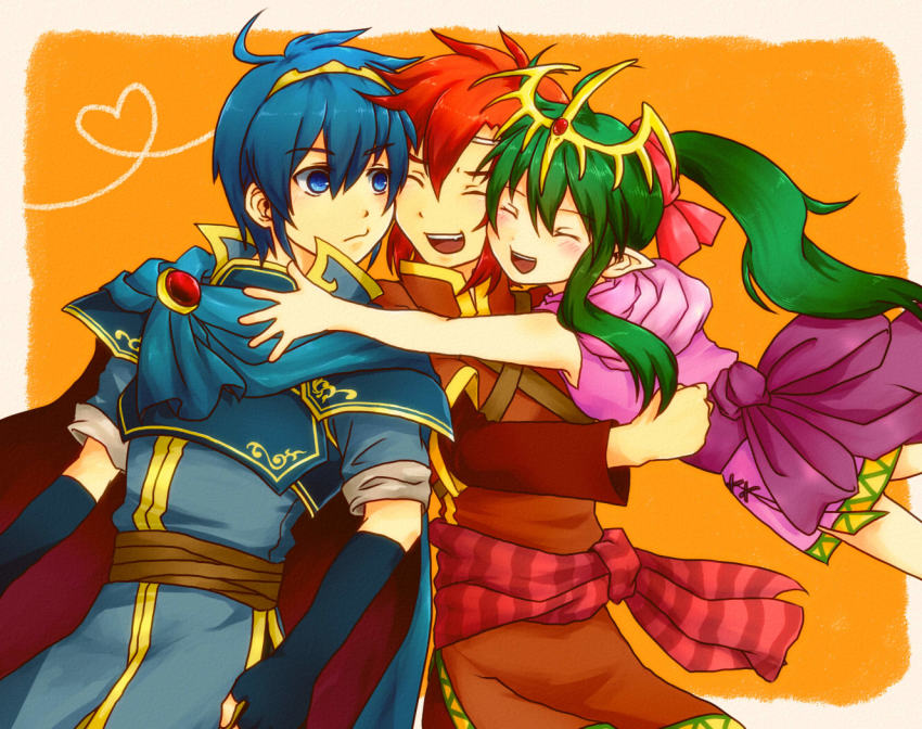 1girl 2boys armor blue_hair european_clothes fire_emblem fire_emblem:_mystery_of_the_emblem fire_emblem:_shadow_dragon green_hair hair_ornament hair_ribbon hug kumakosion marth_(fire_emblem) multiple_boys nintendo pointy_ears red_hair ribbon smile tiara tiki_(fire_emblem) tiki_(young)_(fire_emblem) xane_(fire_emblem)