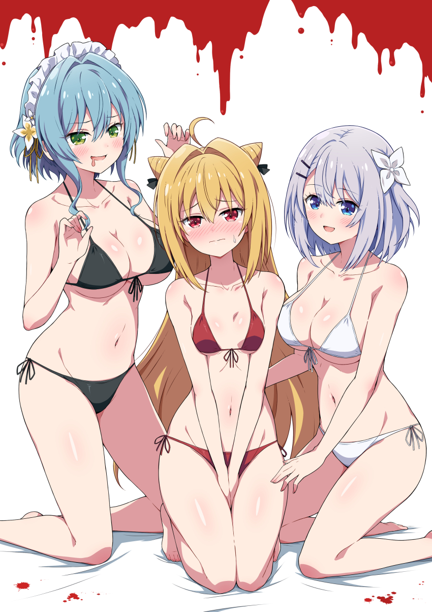 3girls absurdres ahoge aqua_hair bare_arms between_legs bikini black_bikini blonde_hair blue_eyes blush breasts cleavage closed_mouth collarbone commentary_request drooling eggman_(ni_tamagoex) embarrassed green_eyes grey_hair hair_ornament hairclip hand_between_legs highres hikikomari_kyuuketsuki_no_monmon horns kneeling large_breasts long_hair maid_headdress medium_hair mouth_drool multiple_girls navel nose_blush open_mouth red_bikini red_eyes sakuna_memoire side-tie_bikini_bottom sidelocks small_breasts smile sweatdrop swimsuit terakomari_gandezblood underboob villhaze white_background