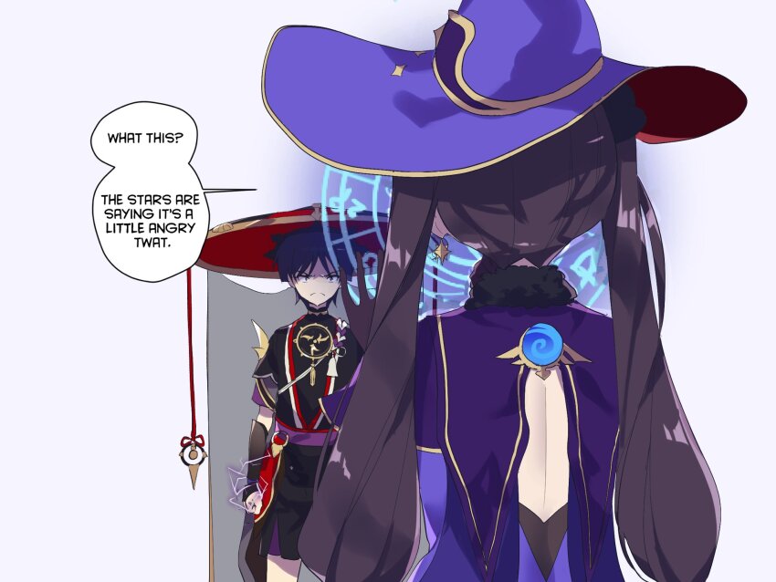 1boy 1girl arm_at_side armor backless_leotard black_bodysuit black_eyes black_hair black_kimono black_shorts black_sleeves blue_gemstone bodysuit capelet clenched_hand closed_mouth coat earrings frown fur-trimmed_coat fur_collar fur_trim furisode gem genshin_impact glaring gold gold_trim grey_veil han&#039;eri hat highres hydro_symbol_(genshin_impact) japanese_armor japanese_clothes jewelry jingasa kimono kote kurokote layered_kimono layered_shorts layered_sleeves leotard long_hair looking_at_another magic_circle mandarin_collar mitsudomoe_(shape) mona_(genshin_impact) neck_ring o-ring open_clothes open_kimono parted_bangs purple_capelet purple_electricity purple_hat purple_leotard purple_rope purple_sash purple_shorts purple_sleeves red_hat red_kimono red_sash rope sash scaramouche_(genshin_impact) see-through_clothes see-through_veil sgrimp shaded_face shimenawa short_sleeves shorts star_(symbol) star_earrings star_print tassel tomoe_(symbol) twintails two-sided_fabric two-sided_headwear veil vision_(genshin_impact) white_background white_kimono white_rope witch_hat
