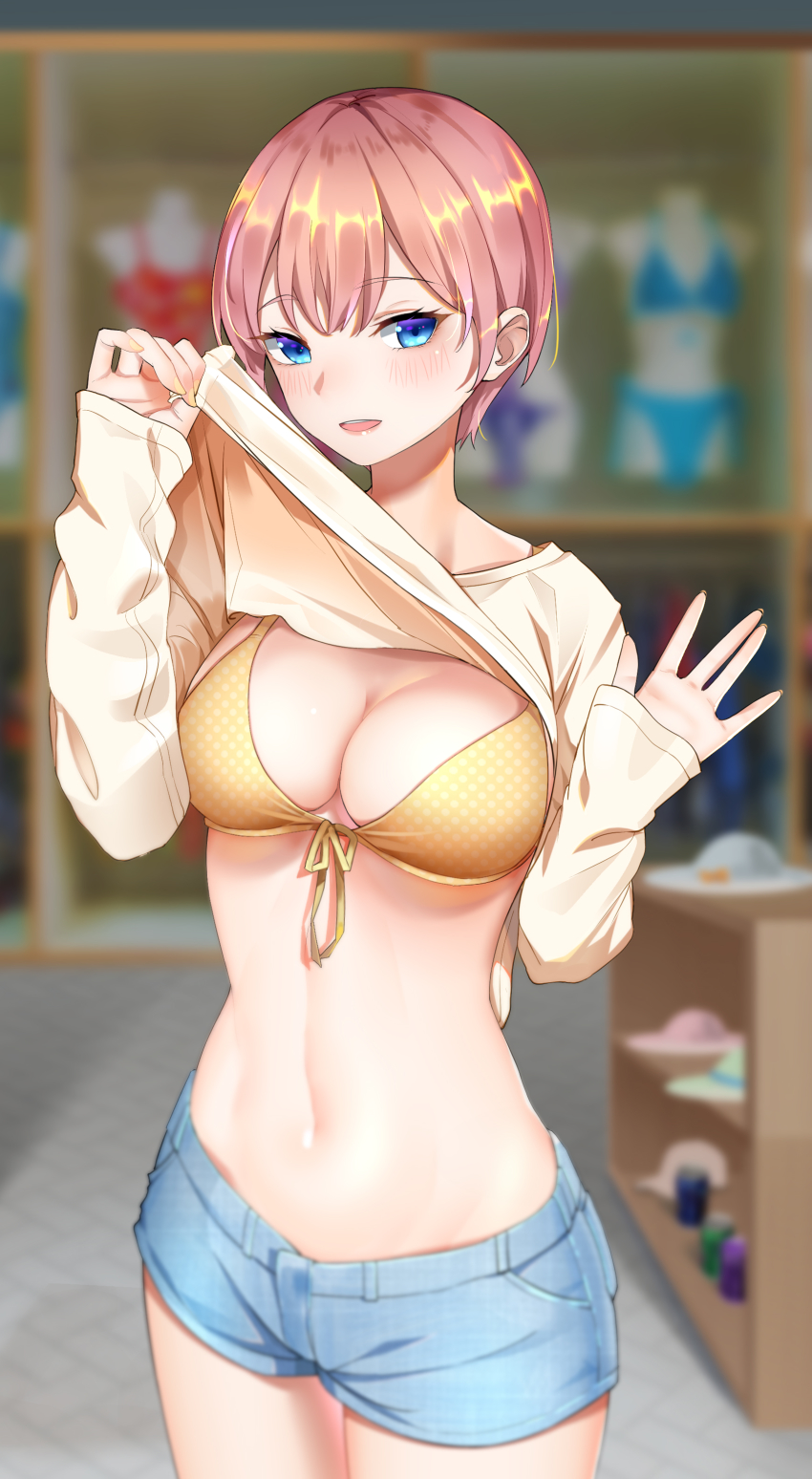 1girl absurdres bikini bikini_top_only bikini_under_clothes blue_eyes blush breasts cleavage clothes_lift day female_focus front-tie_bikini_top front-tie_top go-toubun_no_hanayome hair_between_eyes highres kongbai large_breasts lifting_own_clothes looking_at_viewer nail_polish nakano_ichika navel open_mouth orange_bikini pink_hair polka_dot polka_dot_bikini polka_dot_bikini_top shirt shirt_lift short_hair short_shorts shorts smile solo standing stomach swimsuit yellow_nails