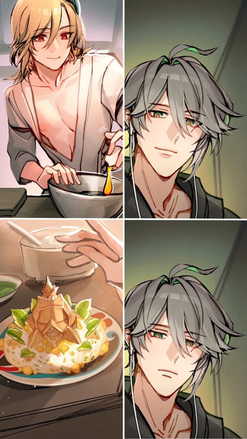 2boys ahoge alhaitham_(genshin_impact) bishounen blonde_hair bowl confusearanara cooking earbuds earphones eden_gross_cooking_reaction_(meme) food genshin_impact green_eyes green_hair grey_hair hair_between_eyes highres holding holding_spoon kaveh_(genshin_impact) kitchen looking_down meme multicolored_hair multiple_boys open_clothes open_shirt plate red_eyes smile spoon stirring two-tone_hair