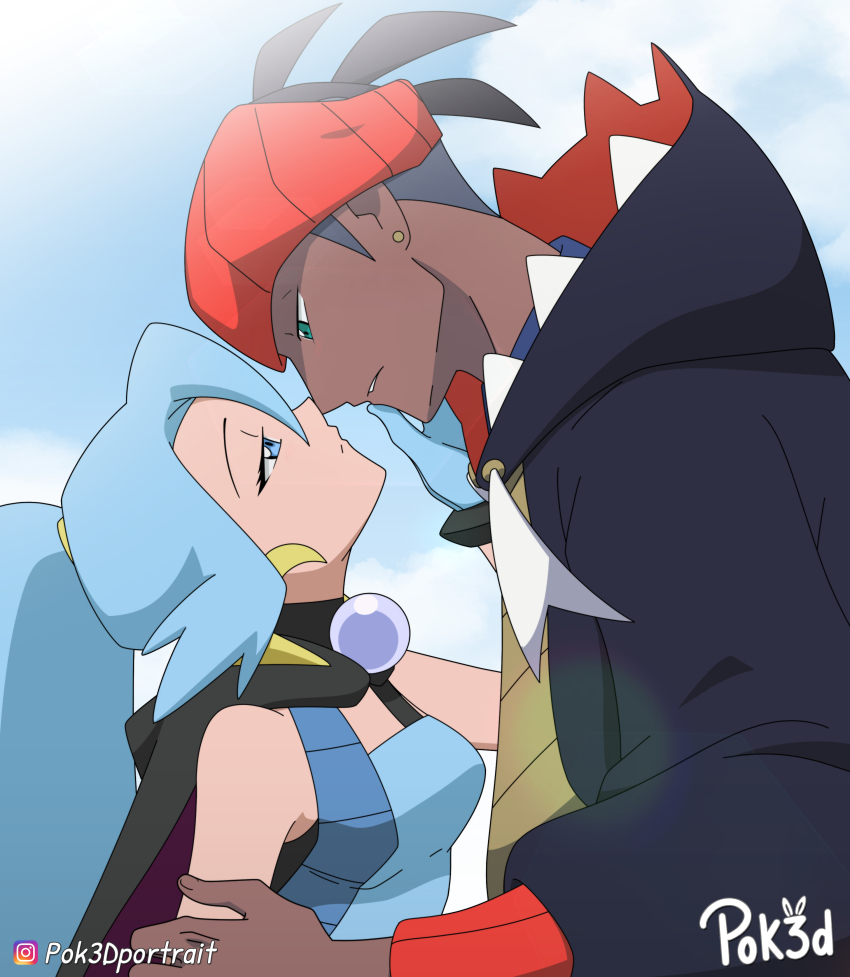 1boy 1girl absurdres artist_logo blue_bodysuit blue_eyes blue_gloves blue_hair blue_sky bodysuit clair_(pokemon) commission dark-skinned_male dark_skin earrings eye_contact from_side gloves height_difference hetero highres hood hoodie imminent_kiss jewelry logo looking_at_another nintendo pok3d pokemon pokemon_hgss pokemon_swsh ponytail raihan_(pokemon) sky trait_connection