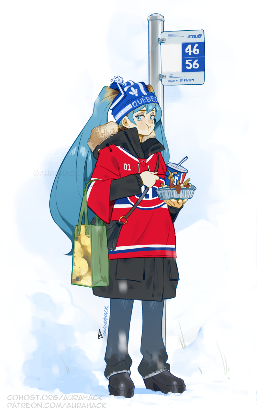 absurdres alternate_costume aqua_eyes aqua_hair aurahack bag beanie black_boots black_coat blue_hat blue_pants boots brown_hair bus_stop canada coat cup disposable_cup drinking_straw eating fleur-de-lis fork full_body fur-trimmed_coat fur_trim gradient_hair hat hatsune_miku highres holding holding_fork jersey long_hair montreal_canadiens multicolored_hair national_hockey_league pants pepsi pom_pom_(clothes) pom_pom_beanie poutine shopping_bag soda standing twintails vocaloid winter_clothes worldwide_miku