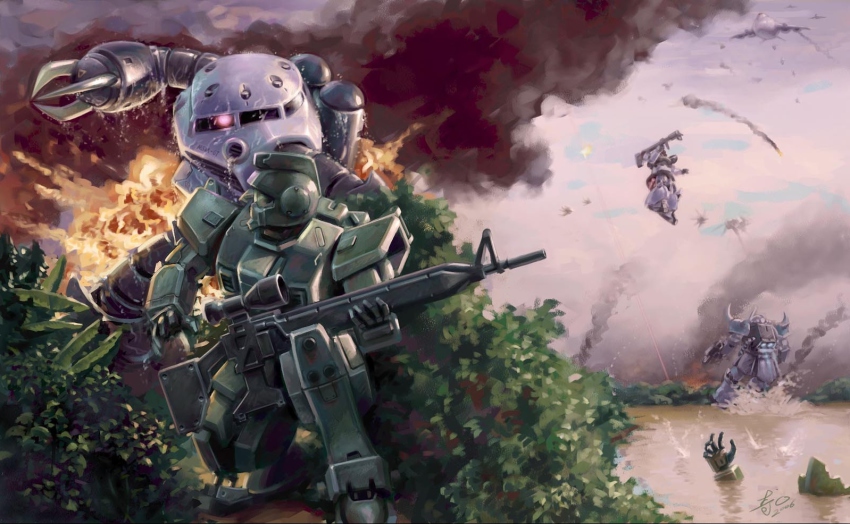 aircraft dom_(mobile_suit) falling fire gaw_(gundam) gm_sniper gouf gun gundam kneeling mecha mobile_suit_gundam rifle robot rocket_launcher smoke sniper_rifle water weapon wet z&#039;gok