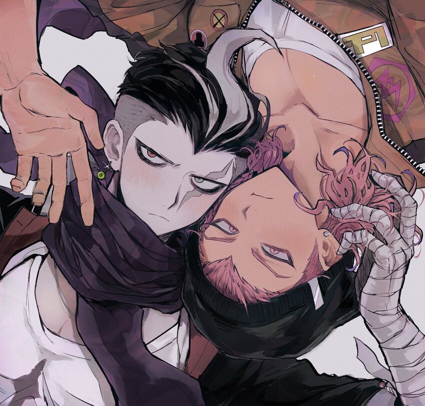 2boys :t arm_up bandaged_arm bandaged_hand bandages beanie black_hair black_hat black_jacket blush collarbone commentary_request danganronpa_(series) danganronpa_2:_goodbye_despair earrings grey_eyes grey_hair hat heterochromia highres jacket jewelry jitome joonoyuki jumpsuit looking_at_viewer looking_to_the_side male_focus medium_hair multicolored_hair multiple_boys open_clothes open_jacket partially_unzipped piercing pink_eyes pink_hair print_shirt purple_scarf scar scar_across_eye scar_on_face scarf shirt soda_kazuichi streaked_hair stud_earrings t-shirt tanaka_gundham upper_body upside-down white_background white_shirt widow&#039;s_peak yellow_jumpsuit zipper