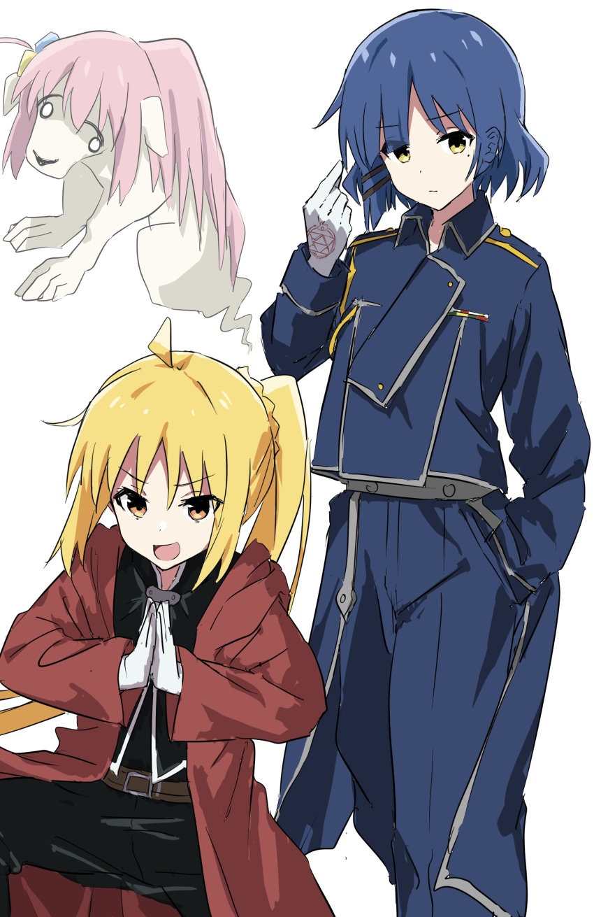 3girls absurdres ahoge amestris_military_uniform as_buppa belt black_jacket blonde_hair blue_hair blue_jacket blue_pants bocchi_the_rock! brown_belt coat collared_jacket commentary_request cosplay cube_hair_ornament dog edward_elric edward_elric_(cosplay) fullmetal_alchemist gloves gotoh_hitori hair_ornament hand_in_pocket highres ijichi_nijika jacket long_hair long_sleeves magic_circle military_jacket military_uniform multiple_girls one_side_up open_clothes open_coat own_hands_together palms_together pants pink_hair red_coat roy_mustang roy_mustang_(cosplay) short_hair shou_tucker&#039;s_chimera shou_tucker&#039;s_chimera_(cosplay) side_ponytail simple_background snapping_fingers white_background white_gloves yamada_ryo yellow_eyes
