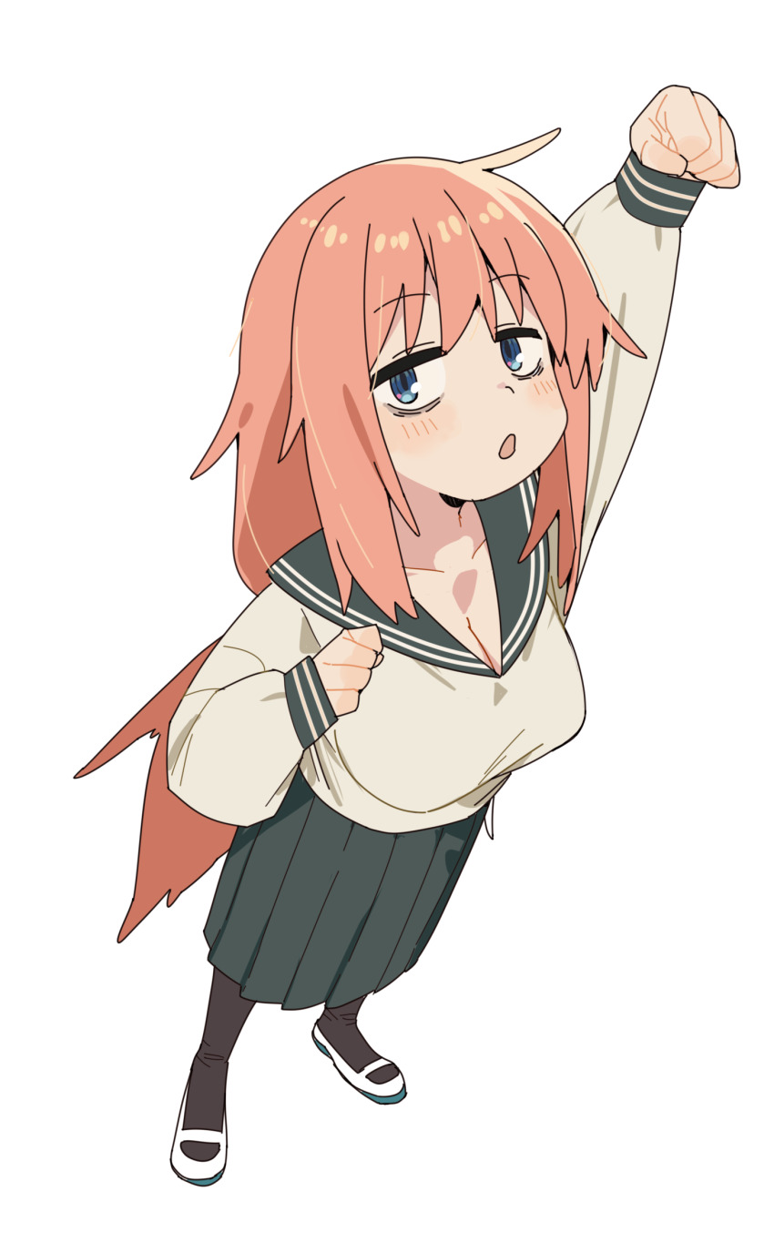 1girl :o arm_up blue_eyes breasts chinese_commentary cleavage clenched_hands collarbone commentary_request full_body green_sailor_collar highres karubi_(karubi465558) large_breasts light_blush long_hair long_sleeves looking_at_viewer michinoku_komaro open_mouth pink_hair pleated_skirt sailor_collar school_uniform seitokai_ni_mo_ana_wa_aru! serafuku shirt shoes simple_background skirt solo uwabaki very_long_hair white_background white_shirt