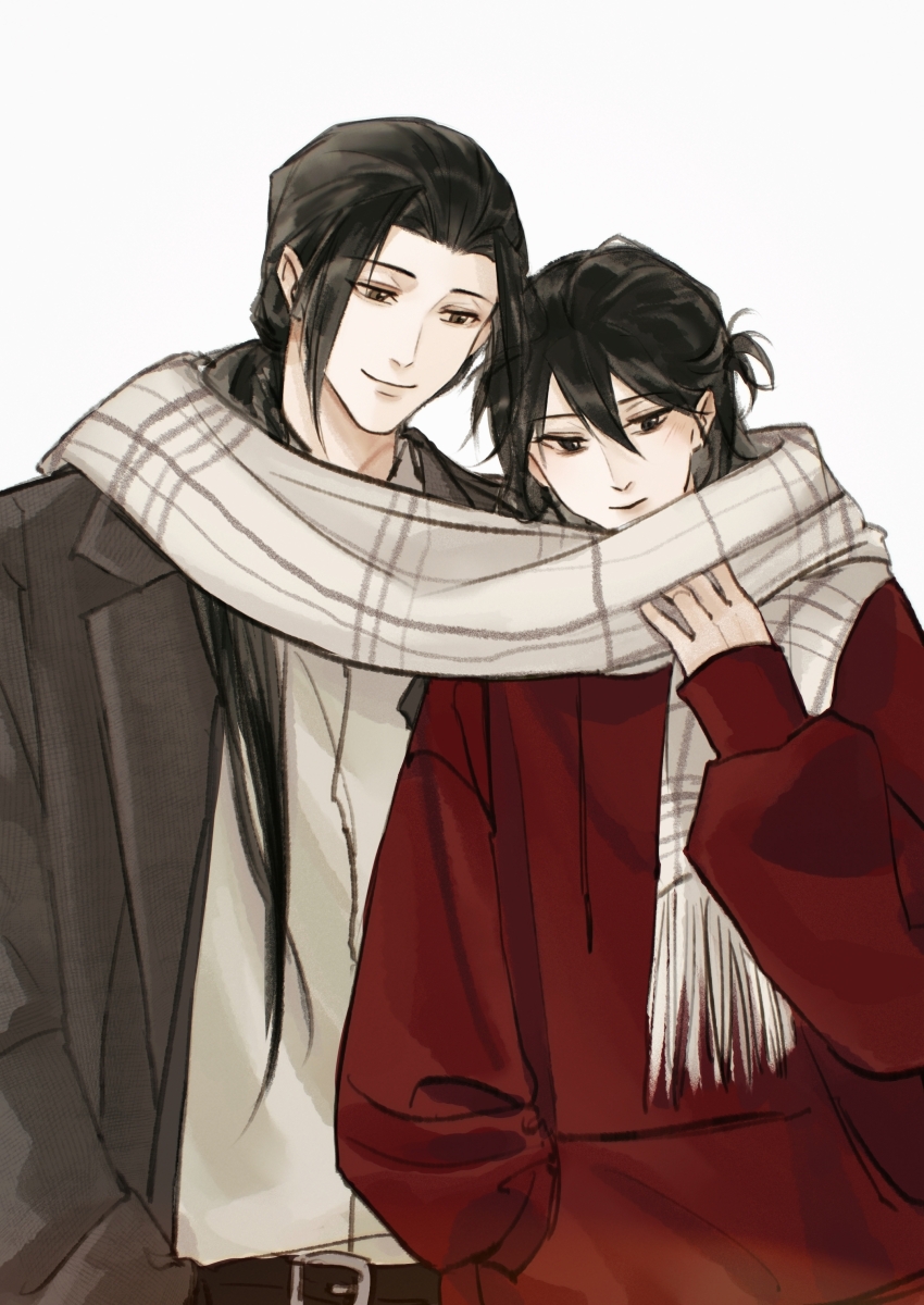 111218422 2boys absurdres alternate_costume alternate_universe belt black_belt black_eyes black_hair brown_coat brown_eyes chinese_commentary closed_mouth coat contemporary dao_gui_yi_xian hair_between_eyes half_updo hand_in_pocket hand_up height_difference highres hood hoodie jewelry li_huowang long_hair long_sleeves looking_at_another looking_down low_ponytail male_focus multiple_boys plaid_clothes plaid_scarf ponytail scarf shared_clothes shared_scarf shirt short_ponytail simple_background smile white_background white_hoodie white_scarf white_shirt yaoi zhuge_yuan