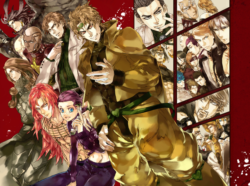 1girl 6+boys bad_id bad_pixiv_id blonde_hair blue_eyes blue_hair brown_hair cowboy_shot dark-skinned_male dark_skin diavolo dio_brando enrico_pucci esidisi formaggio funny_valentine gelato_(jojo) ghiaccio illuso jacket jojo_no_kimyou_na_bouken kars_(jojo) kira_yoshikage long_hair long_sleeves looking_at_viewer melone multiple_boys pants pesci prosciutto purple_hair red_background red_eyes ringo_roadagain risotto_nero short_hair simple_background smile sorbet_(jojo) standing steel_ball_run vento_aureo very_short_hair vinegar_doppio wamuu white_hair yoyoyoshida