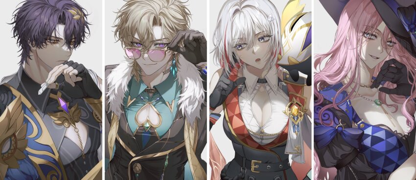 2boys 2girls adjusting_eyewear ancient_greek_clothes aventurine_(honkai:_star_rail) black_gloves black_jacket black_shirt black_vest blonde_hair blue_eyes breasts brooch cleavage_cutout clothing_cutout collared_shirt creature creature_on_shoulder dr._ratio_(honkai:_star_rail) dress eyeliner fingerless_gloves fur-trimmed_jacket fur_trim gem gloves gold_ring greco-roman_clothes green_shirt hair_between_eyes hair_ornament hand_on_eyewear hat highres honkai:_star_rail honkai_(series) jacket jade_(honkai:_star_rail) jewelry lapels large_breasts large_hat makeup multicolored_eyes multicolored_hair multiple_boys multiple_girls necklace numby_(honkai:_star_rail) on_shoulder parted_bangs pink-tinted_eyewear purple_dress purple_eyes purple_gemstone purple_hair purple_hat red_eyeliner red_eyes red_hair shirt sleeveless sleeveless_shirt streaked_hair tinted_eyewear topaz_(honkai:_star_rail) trotter_(honkai:_star_rail) two-tone_eyes vest white_hair yellow_eyes zmadengaz