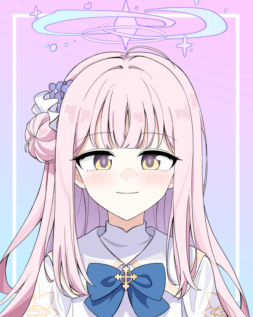 1girl absurdres blue_archive blue_bow blunt_bangs blush bow capelet closed_mouth commentary dress flower gradient_background hair_bun hair_flower hair_ornament halo highres long_hair looking_at_viewer mika_(blue_archive) pink_hair r_qr single_hair_bun smile solo upper_body white_capelet white_dress