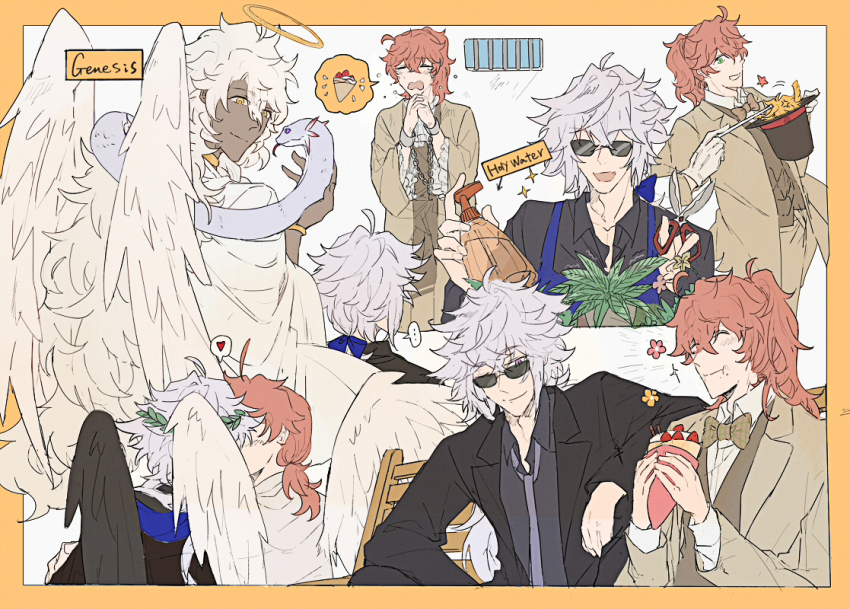... 4boys :d :t ;) ^_^ ahoge angel angel_wings animalization apron arrow_(symbol) ascot aziraphale_(good_omens) aziraphale_(good_omens)_(cosplay) barred_window bench black_hat black_jacket black_shirt black_wings blue_apron blue_bow border bottle bow bowtie bracelet braid brown_bow brown_bowtie brown_jacket brown_vest cameo closed_eyes closed_mouth collared_shirt cosplay crepe crowley_(good_omens) crowley_(good_omens)_(cosplay) crying cuffs dark-skinned_male dark_skin demon eating english_text fate/grand_order fate_(series) feathered_wings flower food food_on_face frilled_sleeves frills gloves goetia_(fate) good_omens green_eyes grin hair_between_eyes hair_bow halo handcuffs hat head_wreath heart holding holding_crepe holding_food holding_scissors holding_unworn_clothes holding_unworn_hat holding_wand jacket jewelry kiss long_hair long_sleeves looking_at_another male_focus merlin_(fate) multiple_boys multiple_views neck_ring necktie one_eye_closed open_clothes open_collar open_jacket open_mouth orange_hair outside_border plaid_bow plaid_bowtie plaid_clothes plant ponytail potted_plant purple_eyes purple_necktie robe romani_archaman ruoyin scissors shirt side_braid simple_background single_braid sitting smile smirk snake snake_wrapped_around_neck solomon_(fate) sparkle speech_bubble spoken_ellipsis spoken_food spoken_heart spray_bottle sunglasses top_hat traditional_bowtie unworn_hat unworn_headwear very_long_hair vest wand white_ascot white_background white_gloves white_hair white_robe white_shirt white_wings window wing_collar wings yaoi yellow_border yellow_eyes