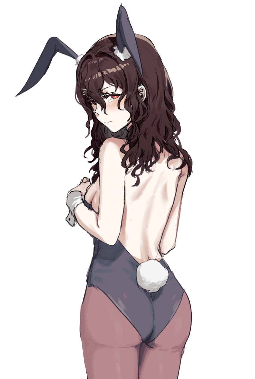 1girl absurdres alternate_costume animal_ears ass blush from_behind girls&#039;_frontline girls&#039;_frontline_neural_cloud hatsuchiri_(neural_cloud) highres leotard looking_back pantyhose playboy_bunny rabbit_ears rabbit_tail red_eyes ribu_(rv) solo tail wrist_cuffs