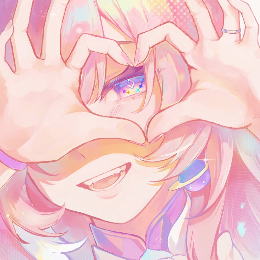 1girl absurdres cyrene_(honkai:_star_rail) cyrene_(ripples_of_past_reverie)_(honkai:_star_rail) diamond-shaped_pupils diamond_(shape) earrings four-finger_heart_hands hashtag-only_commentary heart heart_hands highres honkai:_star_rail honkai_(series) jewelry long_hair looking_at_viewer multicolored_hair pink_hair portrait purple_eyes rii1111r smile solo symbol-shaped_pupils two-tone_hair white_hair