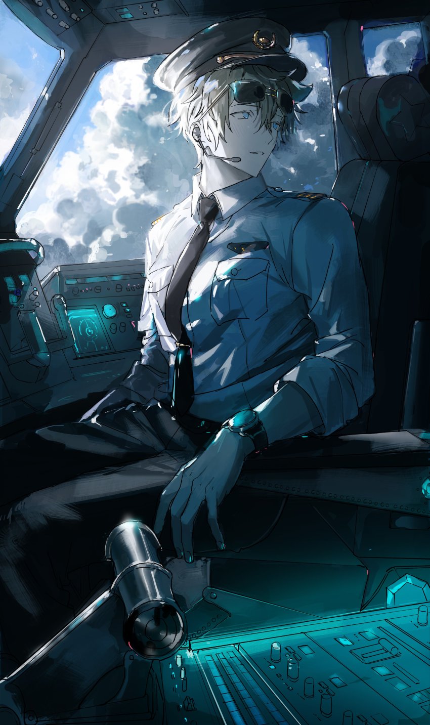 1boy absurdres airplane_interior black_hat black_necktie black_pants blonde_hair blue_eyes cloud collared_shirt controller earpiece eyewear_on_head fingernails hair_between_eyes hat highres idolmaster idolmaster_side-m joystick kashiwagi_tsubasa looking_back male_focus nana_tetra necktie pants parted_lips peaked_cap pilot shirt short_hair sitting sleeves_rolled_up solo sunglasses tie_clip watch white_shirt wristwatch