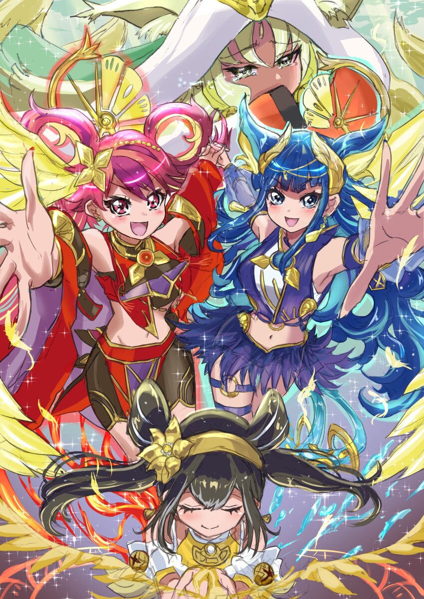 4girls absurdres animal_ears arahime_the_manifested_mikanko black_hair black_shorts blonde_hair blue_eyes blue_hair blue_nails blush bridal_gauntlets cat_ears cat_girl closed_eyes closed_mouth covering_own_mouth crop_top crying crying_with_eyes_open detached_sleeves double_bun duel_monster fox_ears fox_girl fox_tail hair_bun hairband highres holding_hands hu-li_the_jewel_mikanko japanese_clothes long_hair long_sleeves looking_at_viewer mouse_ears mouse_girl multiple_girls navel ni-ni_the_mirror_mikanko nontraditional_miko noppe o-ring o-ring_thigh_strap official_alternate_costume official_alternate_hairstyle ohime_the_manifested_mikanko open_mouth red_eyes red_hair red_nails shorts smile stomach tail tears thigh_strap uzuhime_the_manifested_mikanko very_long_hair wide_sleeves yellow_eyes yellow_hairband yu-gi-oh!