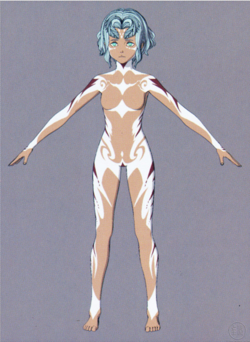 1girl antennae blue_hair bodypaint breasts completely_nude concept_art dark_skin godzilla:_city_on_the_edge_of_battle godzilla_(series) green_eyes highres houtua maina miana monster_girl nude official_art polygon_pictures pubic_tattoo small_breasts tattoo toho tribal tribal_tattoo