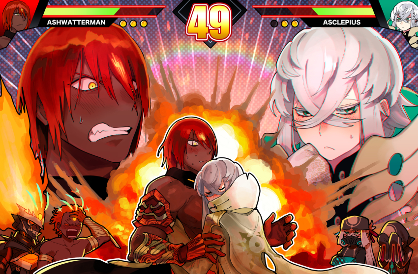 2boys angry asclepius_(fate) ashwatthama_(fate) character_name crossed_bangs dark-skinned_male dark_skin embarrassed explosion eyelashes fate/grand_order fate_(series) fire green_eyes grey_hair grimace health_bar highres hug kinakotatu male_focus multiple_boys multiple_views robe sweatdrop topless_male white_robe yaoi yellow_eyes