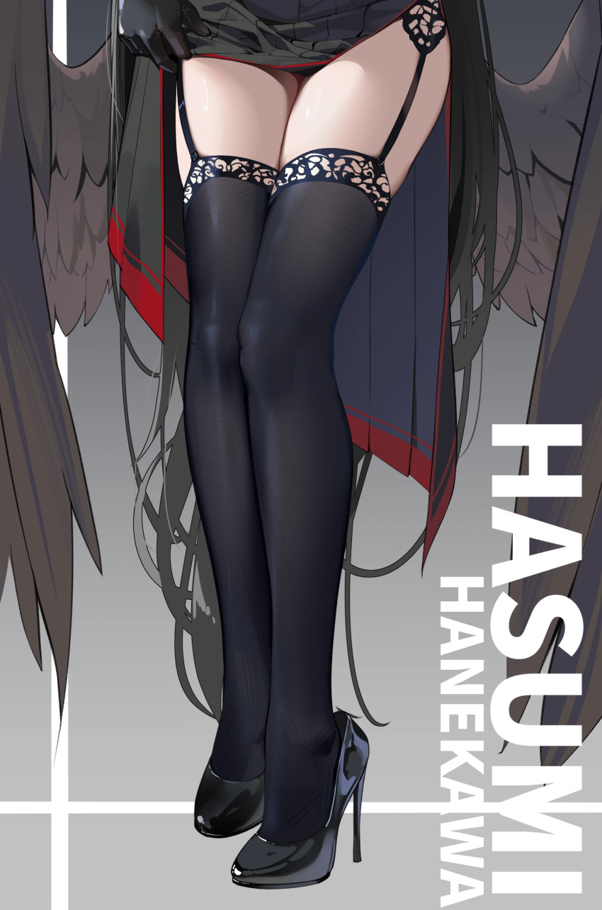 1girl absurdres black_shoes black_skirt black_thighhighs blue_archive clothes_lift feathered_wings hasumi_(blue_archive) high_heels highres low_wings lower_body painterliuhao patent_heels pumps shoes skirt skirt_lift solo stiletto_heels thighhighs wings