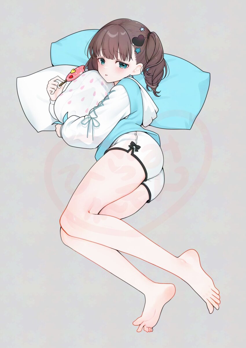 1girl :p ass bare_legs barefoot blue_eyes blush brown_hair candy cross-laced_clothes cross-laced_sleeves food full_body hair_ornament heart heart_hair_ornament highres hood hoodie idolmaster idolmaster_cinderella_girls lollipop medium_hair pillow sakuma_mayu saltylemontea short_shorts shorts soles solo star_(symbol) star_hair_ornament toes tongue tongue_out twintails