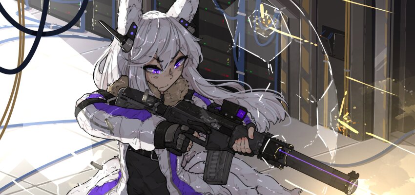 1girl animal_ears as_val assault_rifle black_shirt coat earpiece energy_barrier energy_shield female_focus finger_on_trigger firing fox_ears fox_girl fox_tail frown gun highres holding holding_gun holding_weapon kalashnikov_rifle laser laser_sight medium_hair military_operator multiple_tails nail_polish open_clothes open_coat orange_nails parka pmc_promiscuity purple_eyes rail_(weapon) rifle scope server_(computer) shell_casing shirt shizu_fuwamiya_(shuuko) shuuko_(s_h_uuko) solo suppressor tail weapon white_hair wire