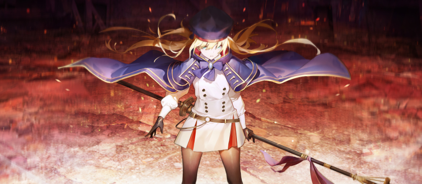1girl absurdres artoria_caster_(fate) artoria_caster_(second_ascension)_(fate) artoria_pendragon_(fate) belt beret black_gloves blonde_hair blue_belt blue_cape blue_capelet blue_cloak bow buttons cape capelet cloak double-breasted dress fate/grand_order fate_(series) gloves green_eyes hat highres holding holding_staff hood hooded_cape long_hair long_sleeves looking_at_viewer marmyadose_(fate) mogamigawa_(mwft8758) multicolored_cape multicolored_capelet multicolored_cloak o-ring o-ring_belt ornament pantyhose solo staff striped_belt twintails