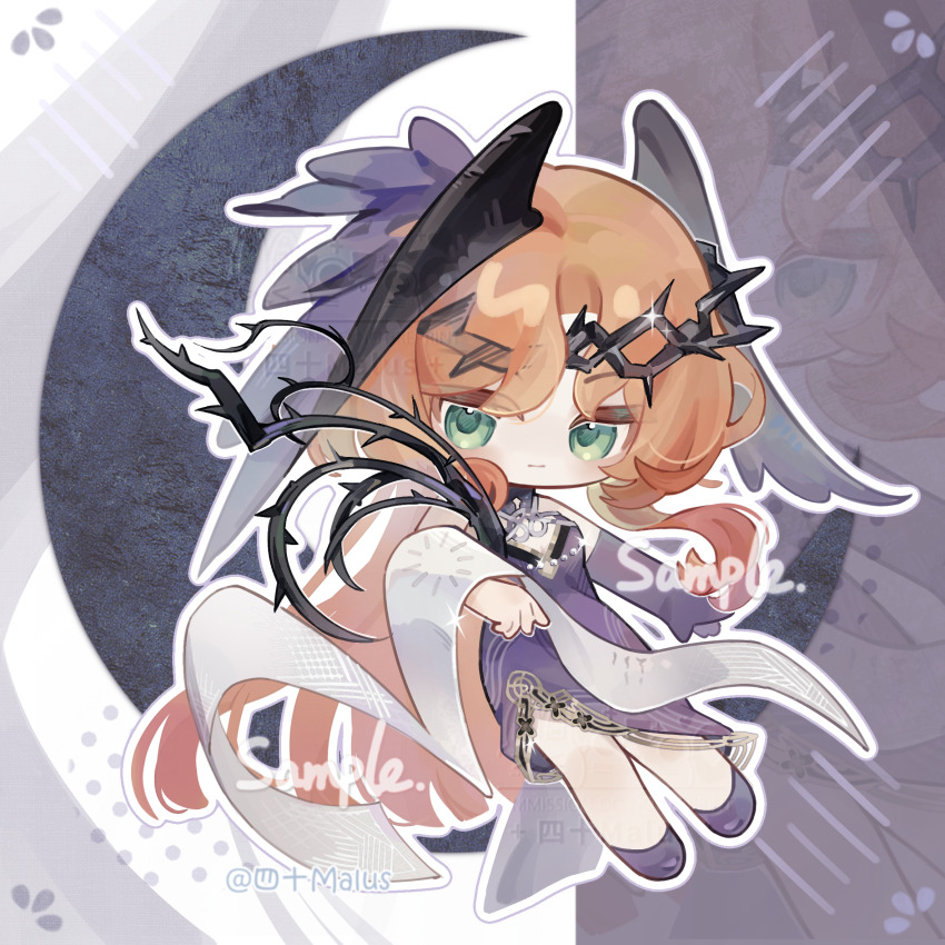 1girl artist_name black_wings crown_of_thorns deformed dress druvis_iii druvis_iii_(shrouded_in_thorns) elbow_gloves feathered_wings full_body gloves green_eyes head_wings highres holding holding_plant holding_scroll long_dress long_hair looking_at_viewer official_alternate_costume orange_hair plant purple_background purple_dress purple_footwear purple_gloves reverse:1999 sample_watermark scroll side_slit single_elbow_glove sishi_malus solo thorns two-tone_background very_long_hair watermark white_background wings zoom_layer