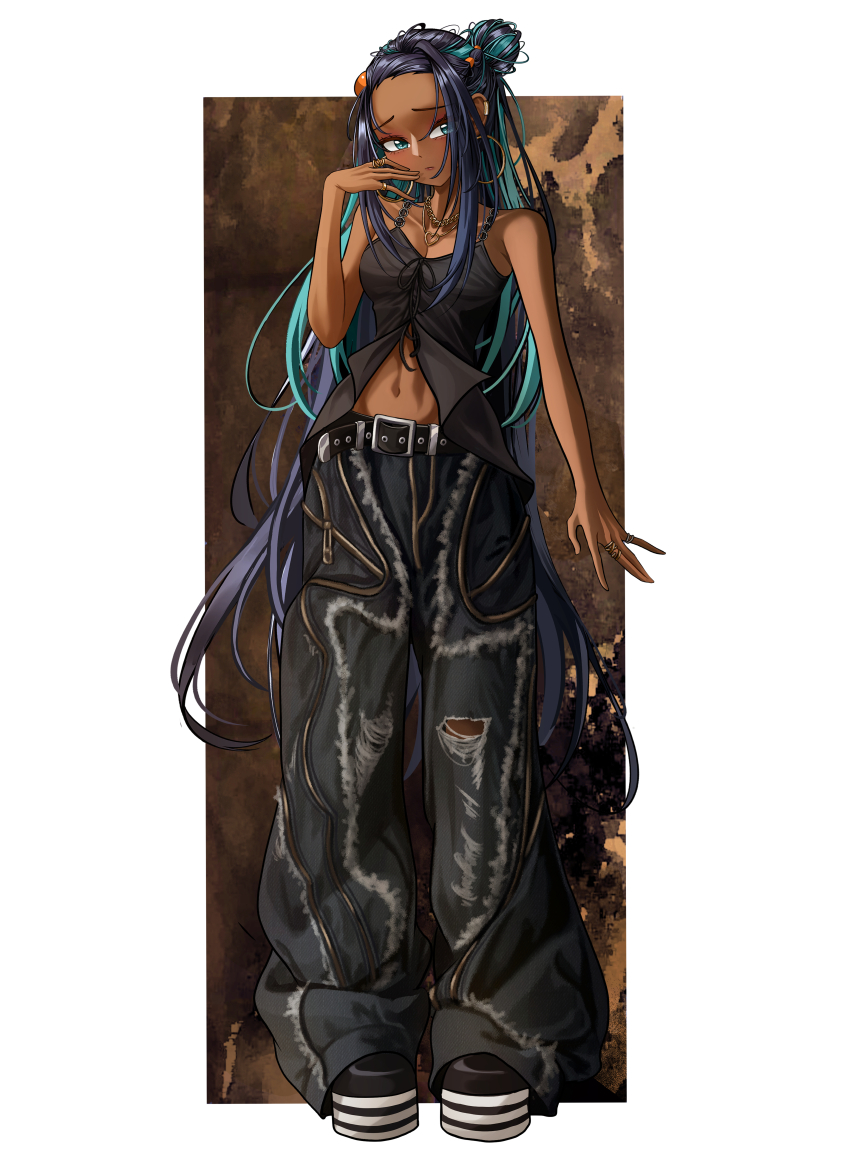 1girl absurdres alternate_costume baggy_pants bare_arms belt blue_eyes breasts cleavage closed_mouth collarbone commentary_request creatures_(company) dark-skinned_female dark_skin dorosi033 earclip earrings eyelashes game_freak hair_bun hand_up highres hoop_earrings jewelry long_hair multicolored_hair navel necklace nessa_(pokemon) nintendo pants pokemon pokemon_swsh ring shirt shoes sidelocks sleeveless sleeveless_shirt solo two-tone_hair