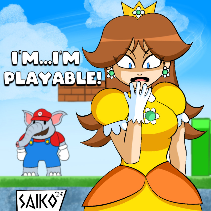 1boy 1girl blue_eyes breasts brooch brown_hair crown dress earrings elephant_mario facial_hair flower_earrings gloves jewelry mario mario_(series) medium_breasts mustache nintendo open_mouth orange_dress overalls power-up princess_daisy puffy_short_sleeves puffy_sleeves short_sleeves speech_bubble standing super_mario_bros._wonder talking