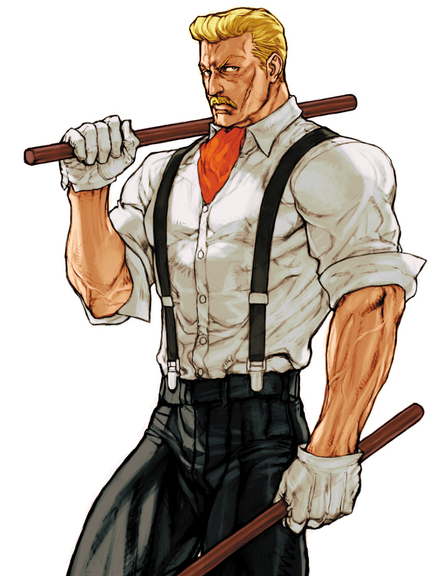blonde_hair capcom capcom_vs_snk_2 collared_shirt dual_wielding eagle_(street_fighter) facial_hair game_cg gloves highres holding holding_weapon looking_to_the_side mustache nishimura_kinu non-web_source official_art over_shoulder scar scar_on_face shirt short_hair simple_background sleeves_rolled_up solo stick suspenders veins veiny_arms weapon white_gloves white_shirt
