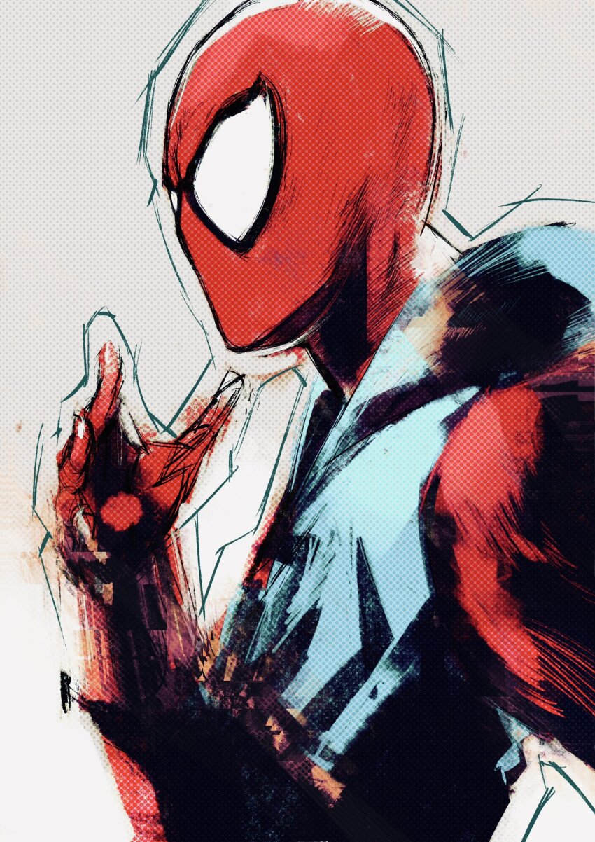 1boy arm_up ben-day_dots ben_reilly blue_hoodie bodysuit commentary english_commentary highres hood hood_down hoodie kannoaki male_focus marvel marvel_cinematic_universe mask profile red_bodysuit scarlet_spider screentones simple_background sketch solo spider-man:_across_the_spider-verse spider-man_(series) spider-verse superhero_costume upper_body white_background