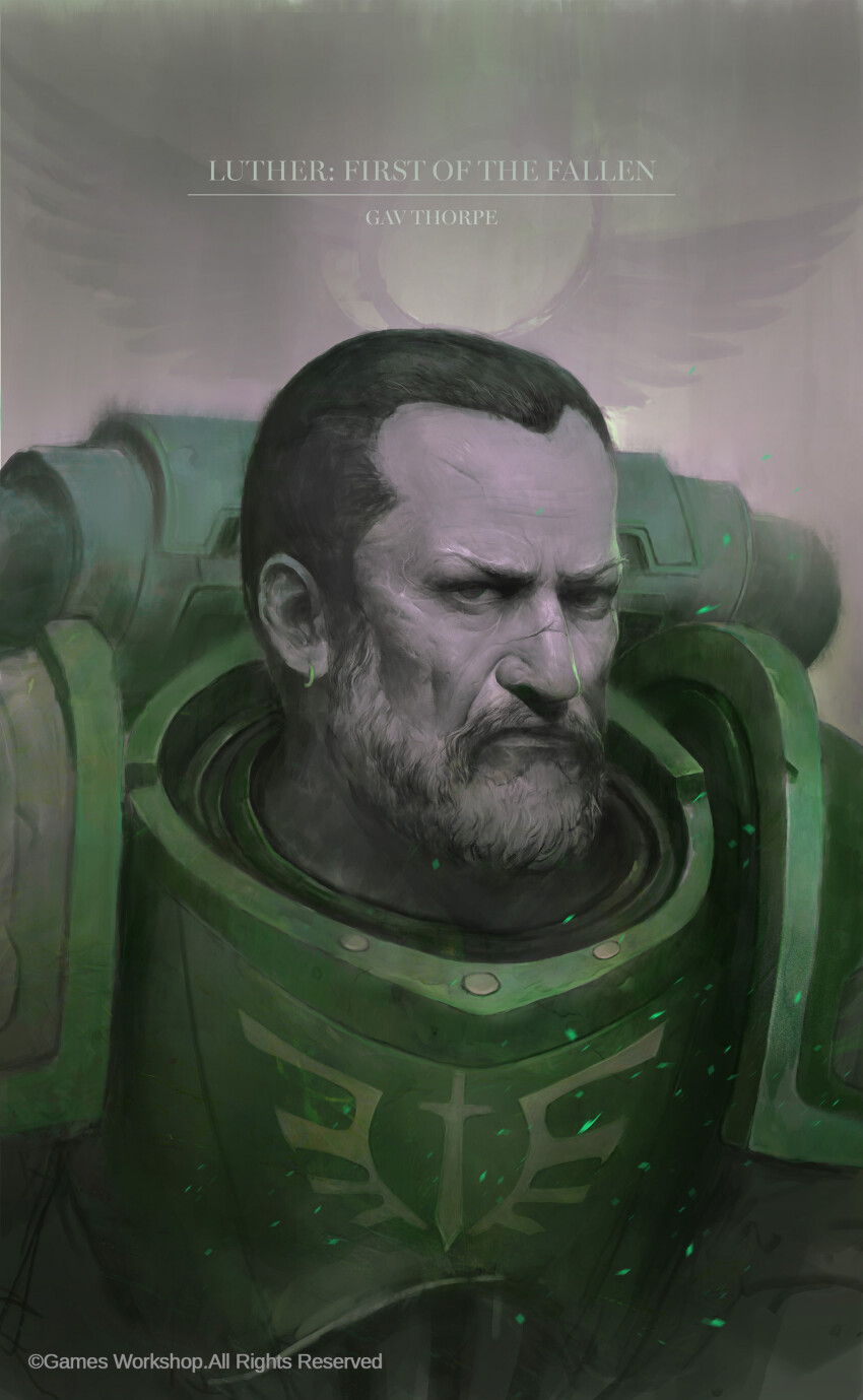 1boy absurdres armor beard black_hair breastplate closed_mouth company_name copyright_logo copyright_notice cover cover_page dark_angels facial_hair gorget green_armor green_theme grey_eyes highres insignia leszek_wozniak looking_at_viewer luther_(warhammer_40k) pauldrons scar scar_on_face scar_on_forehead scar_on_nose short_hair shoulder_armor sparks title title_page warhammer_40k widow&#039;s_peak