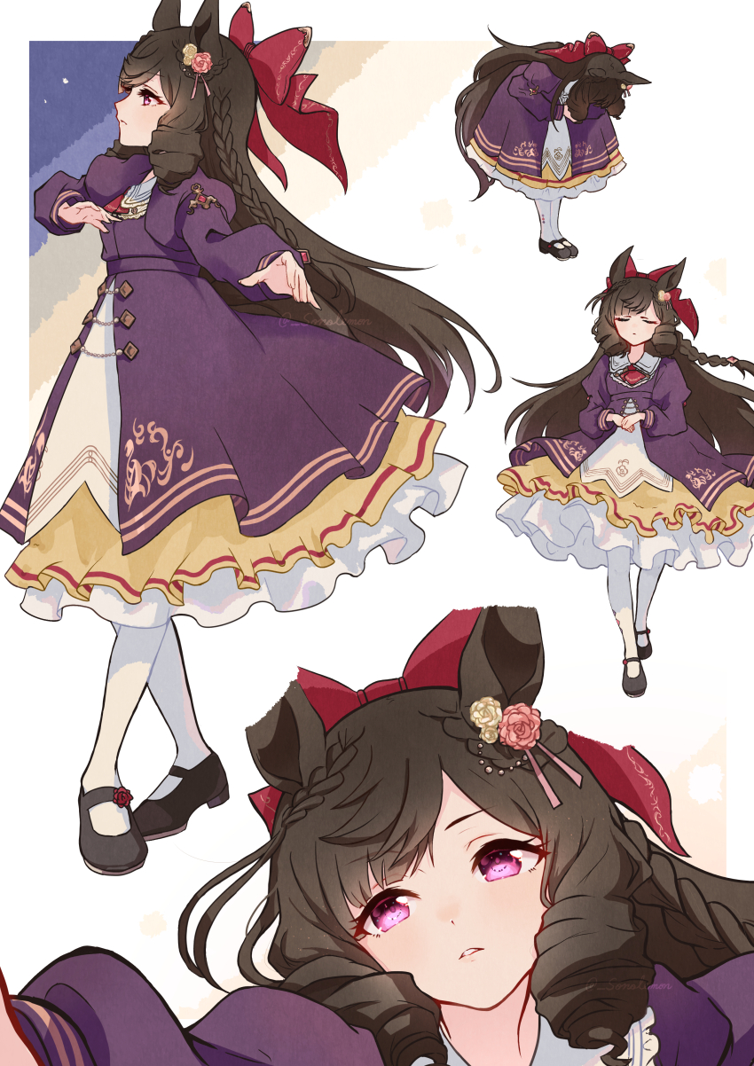 1girl absurdres animal_ears black_hair black_shoes bow bowing closed_eyes commentary_request daiichi_ruby_(brilliant_red_gemstone)_(umamusume) daiichi_ruby_(umamusume) dress drill_hair hair_ornament highres horse_ears horse_girl horse_tail izu_lemon long_hair multiple_views purple_dress purple_eyes red_bow shoes simple_background tail umamusume