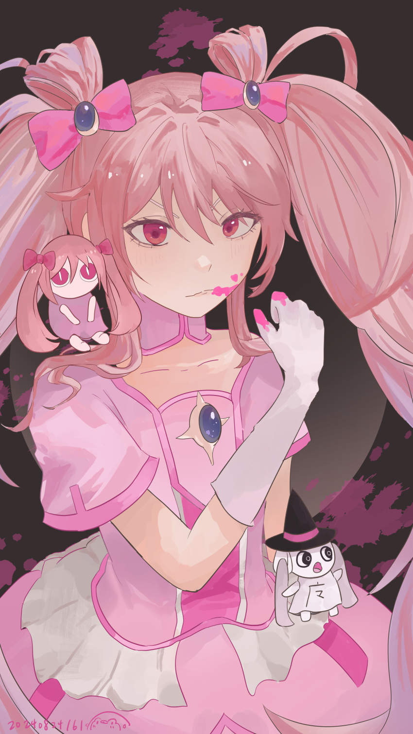1girl absurdres aimaina bow brooch collarbone doushite-chan dress frills gloves hair_bow hair_ornament hatsune_miku highres holding holding_wand jewelry long_hair looking_at_viewer magical_girl mahou_shoujo_to_chokorewito_(vocaloid) pink_bow pink_eyes pink_hair short_sleeves solo twintails user_hmdv2533 vocaloid wand white_gloves